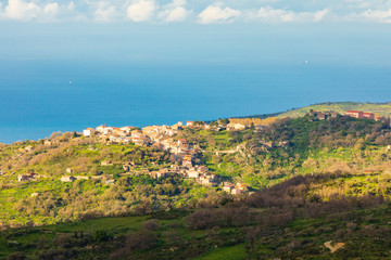 Naklejka na ściany i meble Italy, Sicily, Messina Province, Montalbano Elicona. The Mediterranean Sea seen from the hills near Montalbano Elicona.