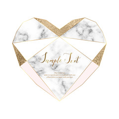 Heart marble polygonal frame with gold glitter triangles, geometric elements and diamond shape. 