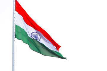 Indian Flag Hosted and Waving In Air Against White Background