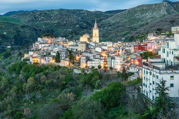 Fototapeta na wymiar Italy, Sicily, Messina Province, Francavilla di Sicilia. The medieval hill town of Francavilla di Sicilia at night.