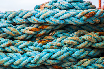 Italy, Sicily, Agrigento Province, Sciacca..Ropes on a fishing boat in the harbor of Sciacca, on the Mediterranean Sea.