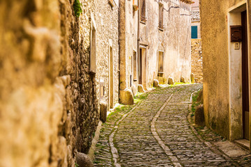 Italy, Sicily, Trapani Province, Erice. Narrow cobblestone streets in the ancient hill town of Erice.