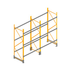 Big isometric empty warehouse metallic rack, twin shelving isolated on white. 3d storage equipment vector illustration. Logistic Delivery Service element for web, design, infographics, apps