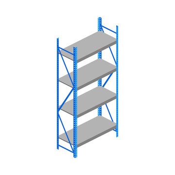 Isometric empty warehouse shelves isolated on white. 3d metallic rack. Storage equipment vector illustration. Logistic and delivery service element for web, design, infographics, apps