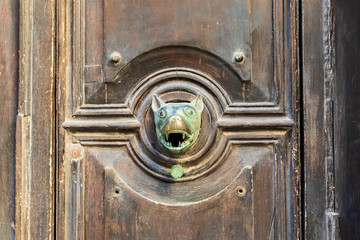 Italy, Sicily, Trapani Province, Trapani. A brass door knocker in the shape of a dog's head, in the city of Trapani.