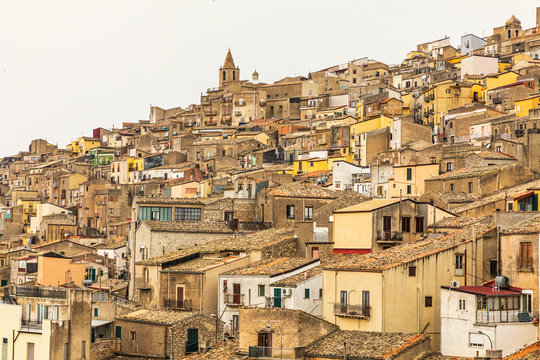 Italy, Sicily, Province of Palermo, Prizzi. View of homes and buildings in the ancient hill town of Prizzi.