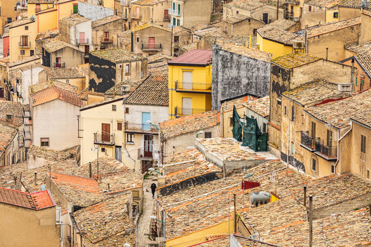 Italy, Sicily, Province of Palermo, Prizzi. View of homes and buildings in the ancient hill town of Prizzi.