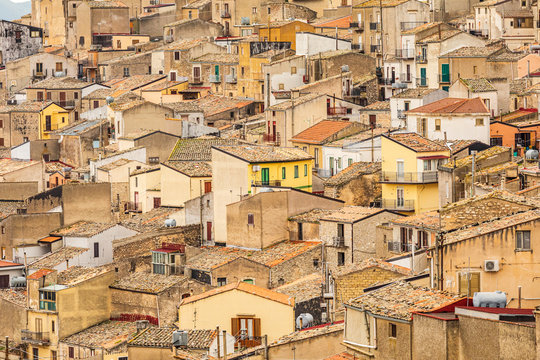 Italy, Sicily, Province of Palermo, Prizzi. View of homes and buildings in the ancient hill town of Prizzi.
