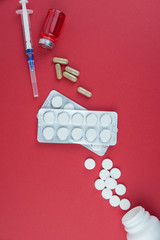 Medicine bottle for injection and pills. Medical glass vials and syringe for vaccination. Liquid...