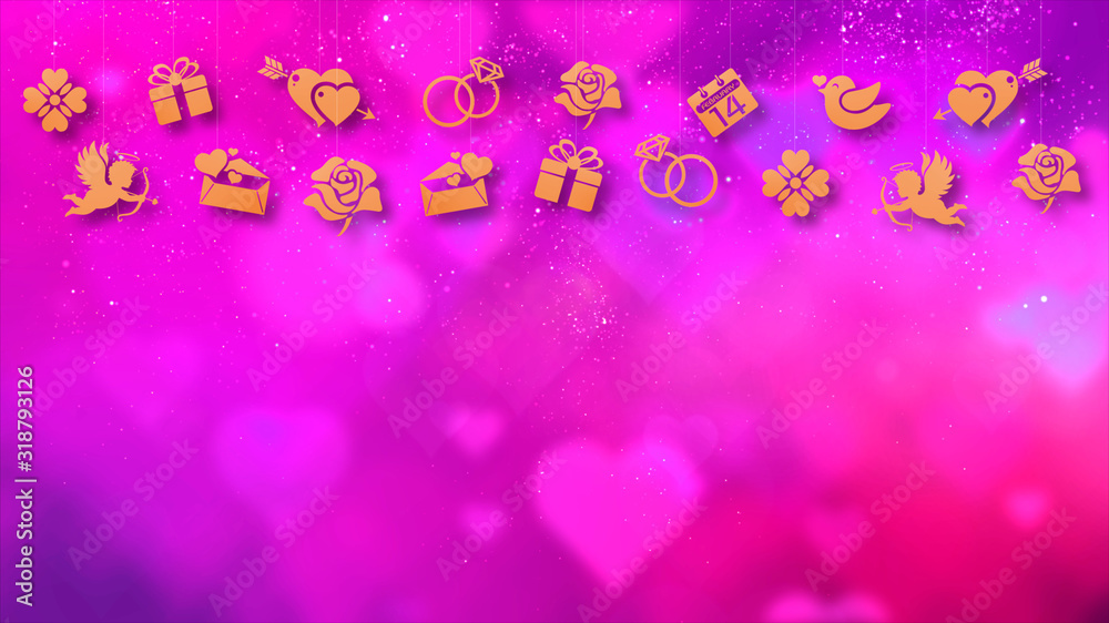 Poster happy valentine theme decoration motion particles animation with drop down graphic icons associated 