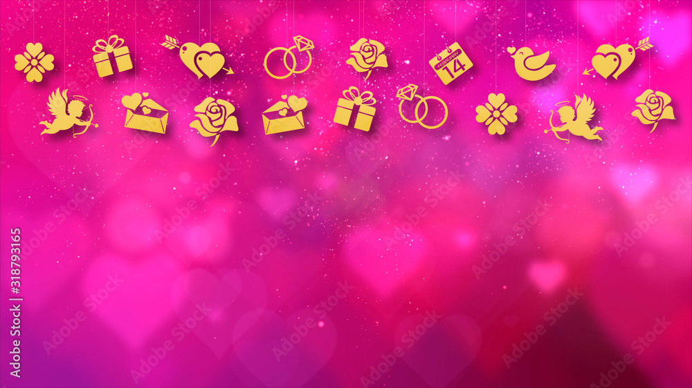 Poster happy valentine theme decoration motion particles animation with drop down graphic icons associated 