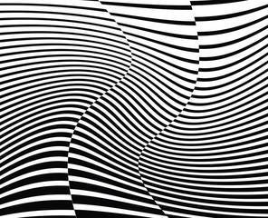  Abstract 3d background with optical illusion wave. Black and white horizontal lines with wavy distortion effect for prints, web pages, template, posters, monochrome backgrounds and pattern