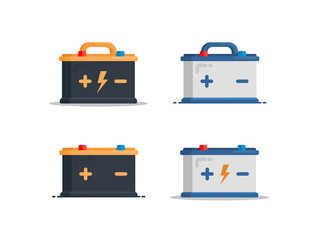 Set Car Battery icon. Accumulator energy power. Car part for garage, auto services. Vector illuatration in flat style.
