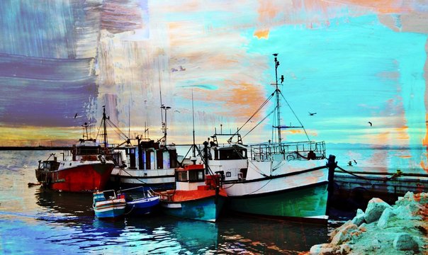Seascape with fishing boats in a small harbor abstract