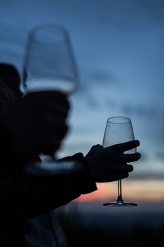 Vertical shot of a person holding a wine glass with a blurred background