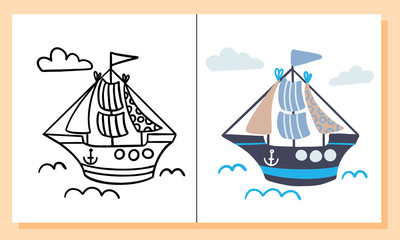 Fototapeta na wymiar Ship, boat. Coloring pages. Cartoon cute marine wild animals, sea elements. Black and white hand drawn doodle for coloring book.