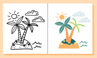Island. Coloring pages. Cartoon cute marine wild summer, sea elements. Black and white hand drawn doodle for coloring book.