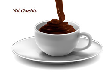 A glossy stream of chocolate pours into a white porcelain cup. Realistic volumetric illustration.