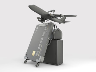 3d Rendering of Credit Card Suitcase with luggage and airplane, include clipping path