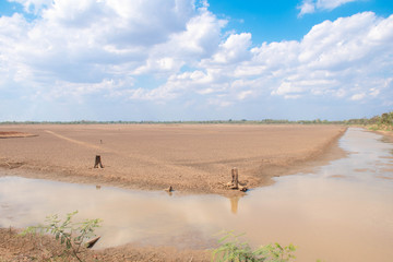 Drought and summer season, Hot landscape. Close up image of cracked dry land.