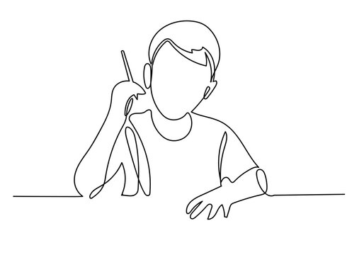 Continuous line of schoolboy raising his hand and pencil, idea and school