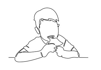 Continuous line of Asian boy is happy to eat pizza with a hot cheese melt