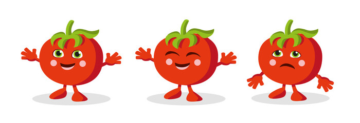 Vector graphic illustration of a cute red tomato cartoon character happy and sad