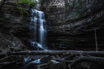 Panoramic View of Scenic Waterfall in nature landscape with dark environment