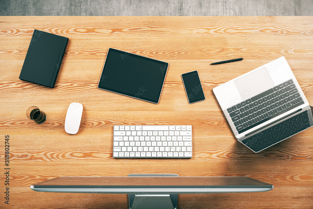 Poster top view of wooden desk with computer, laptop and other working accessories. workplace concept. 3d r