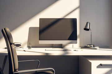 Sunny home workplace with computer, white desk, chair and lamp. Freelance concept. 3D Rendering