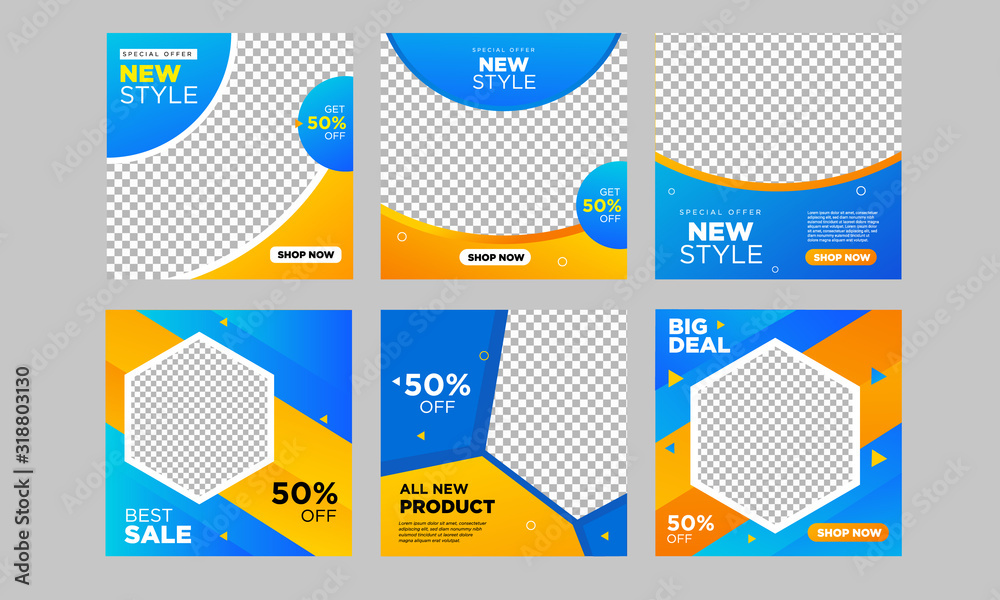 Wall mural set of editable square banner template. blue and yellow background color with stripe line shape. sui