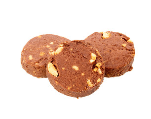 Stack of chocolate chip cookie with nuts isolated on white background.