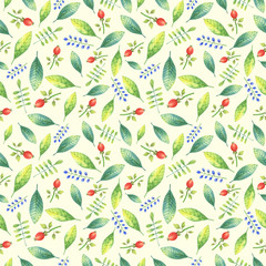  seamless, decorative watercolor pattern of leaves and berries on a light green background