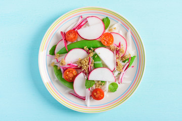 Sliced radish with quinoa seed salad, healthy food