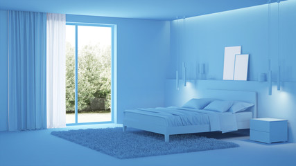 Modern house interior. Blue interior. 3D rendering.