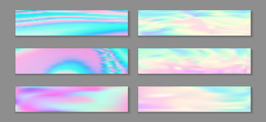 Neon holo fashionable flyer horizontal fluid gradient mermaid backgrounds vector collection. Glitch 