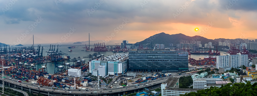 Wall mural Kwai Chung, Hong Kong  - September 24, 2019 :  Kwai Tsing Container Terminals from drone view