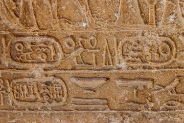 Ancient egyptian hieroglyphs carved on the stone wall