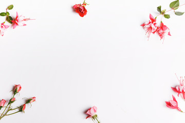 Festive flower composition on the white background. Overhead view