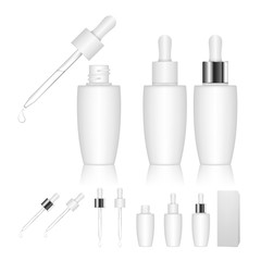 Cosmetic bottle with dropper isolated on white background. Beauty product package. Vector illustration