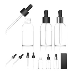 Cosmetic transparent bottle with dropper isolated on white background. Beauty product package. Vector illustration.