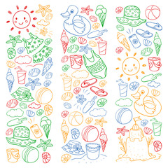 Fototapeta na wymiar Vector set of beach icons for summer posters, banners. Sea, ocean vacations. Kids drawing style.