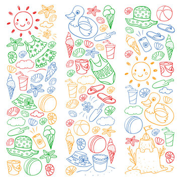 Vector set of beach icons for summer posters, banners. Sea, ocean vacations. Kids drawing style.
