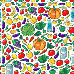 Vector seamless pattern with healthy food. Fruits and vegetables. Milk, dairy products. Pattern for store, mall, menu, cafe, restaurants.