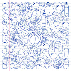 Vector pattern with healthy food. Fruits and vegetables. Milk, dairy products. Pattern for store, mall, menu, cafe, restaurants.