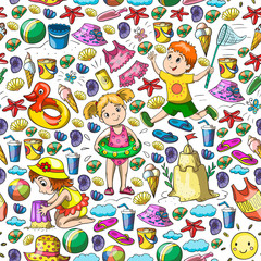 Vector pattern with little chilren. Family summer vacations. Beach, ocean, island, sun. Kids play. Swimming and relaxation.
