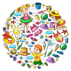 Vector pattern with little chilren. Family summer vacations. Beach, ocean, island, sun. Kids play. Swimming and relaxation.