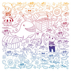 Vector set with pirate elements for birthday party for little children. Kids pattern with octopus, beach, treasure chest, ship