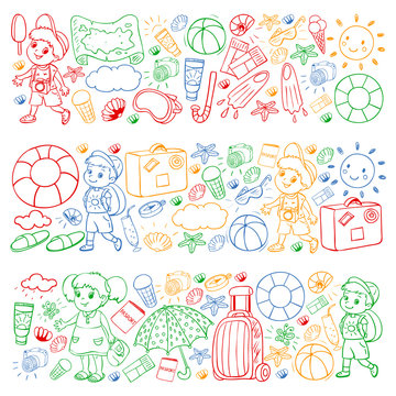 Vector pattern. Summer vacations. Little children. Happy family with kids. Travel and adventures. Beach, ocean, island, sun