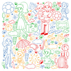 Vector pattern. Summer vacations. Little children. Happy family with kids. Travel and adventures. Beach, ocean, island, sun